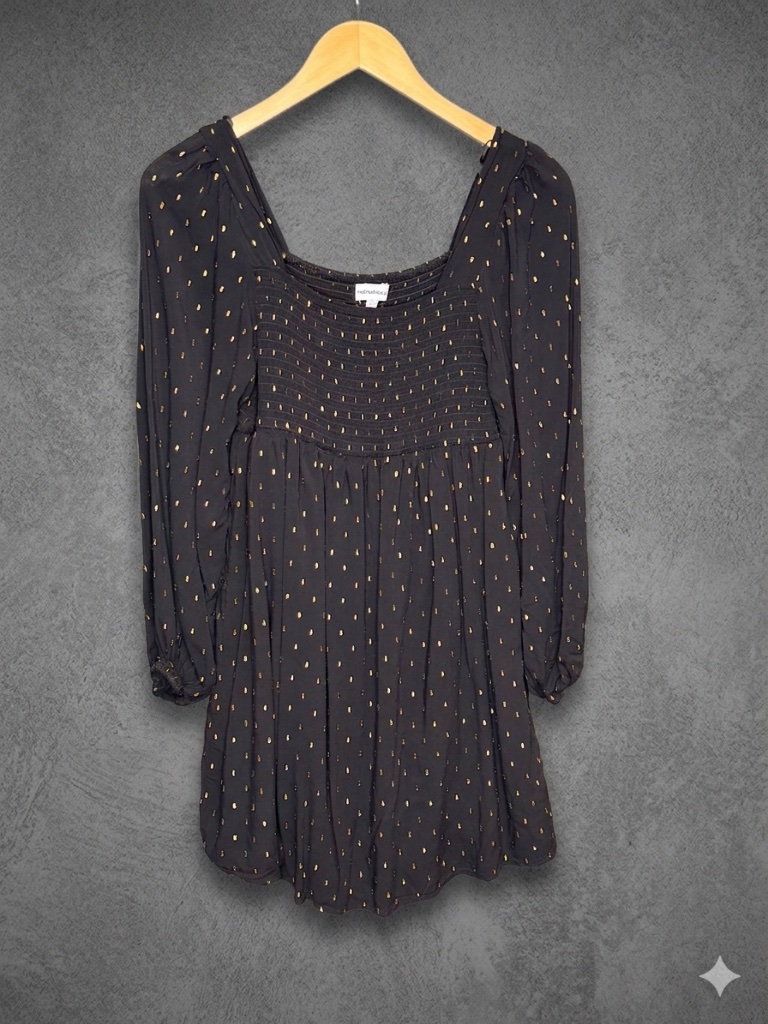 Motherhood Maternity Dress Small S Black Gold Metallic Fil Coupe Smocked Mini